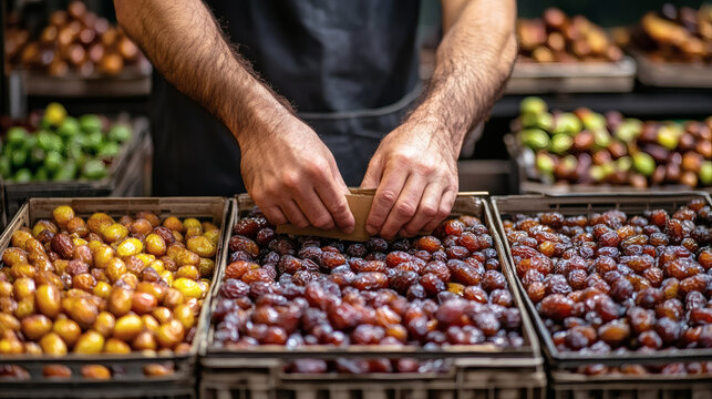 Close up of hands sealing a box of dates among various dried fruits in market display crates rich color texture natural setting commercial food packaging concept