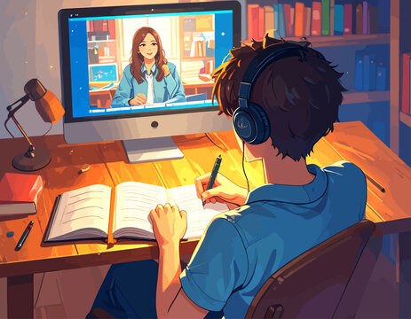Pixel Art Style Student Studying Online via Video Call at Desk