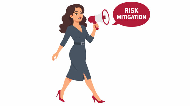 Businesswoman holding megaphone for risk mitigation concept.