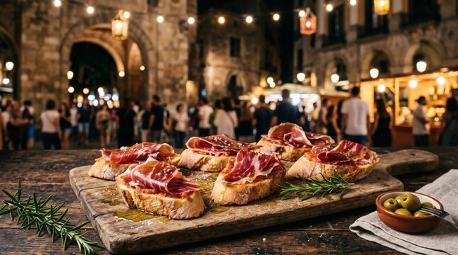 Spanish tapas jamon on bread during La Merce Festival in Barcelona at night