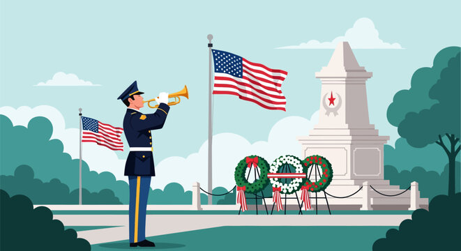 Memorial Day Tribute Illustration: Soldier Playing Bugle at Military Monument with US Flags and Wreaths