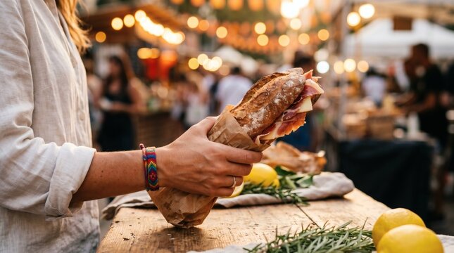 Hand holding a Spanish bocadillo sandwich at La Merce street food festival