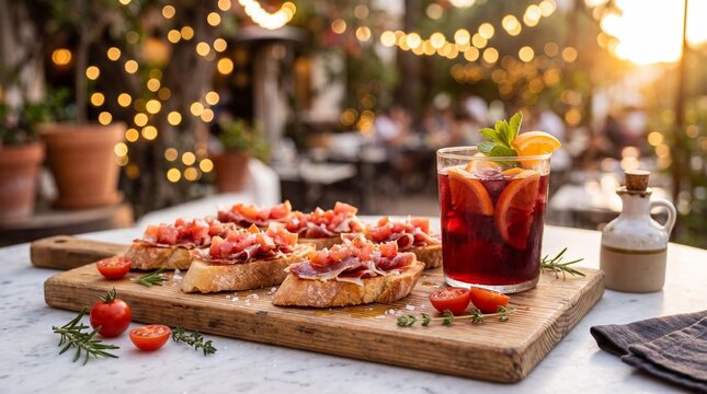 Spanish tapas with jamon serrano and a glass of red sangria at sunset patio