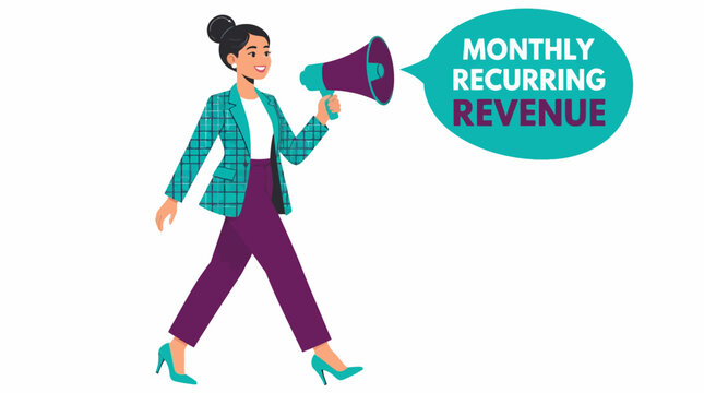 Businesswoman holding megaphone for monthly recurring revenue concept.