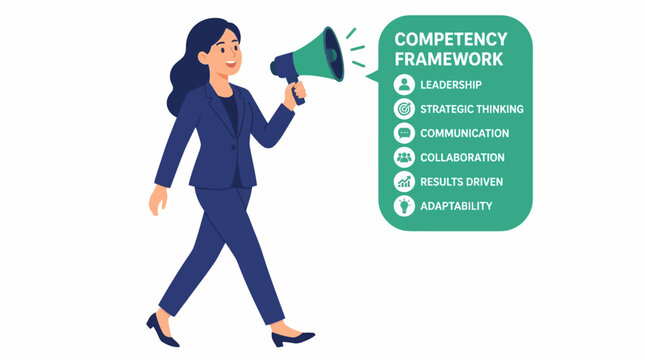 Businesswoman holding megaphone with competency framework sign.
