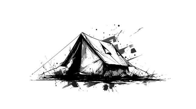 Hand drawn black and white tent sketch on white background.