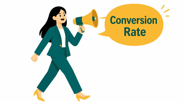 Businesswoman announcing conversion rate with megaphone.