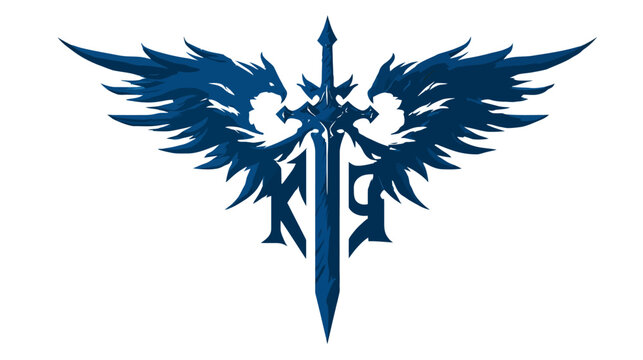 Heraldic blue sword with stylized wings logo icon.