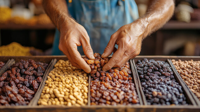 Close up of hands sorting various types of dried dates and nuts in colorful trays at a market stall with warm lighting emphasizing texture and variety for food or health concept use