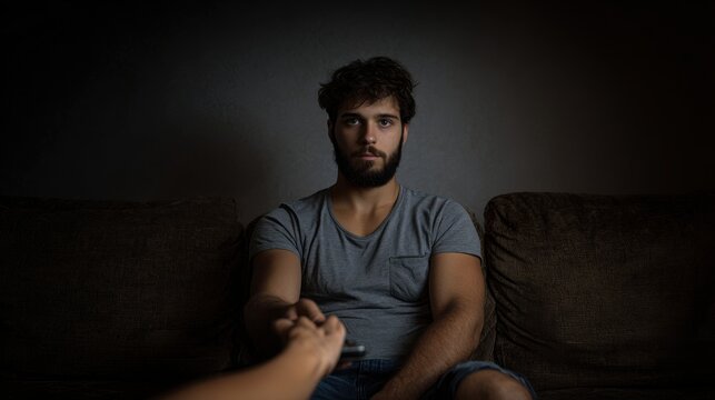 Man on couch, remote control offered by hand in dimly lit room