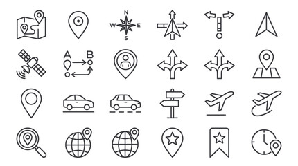 Fototapeta premium Navigation and location map pin outline icon set