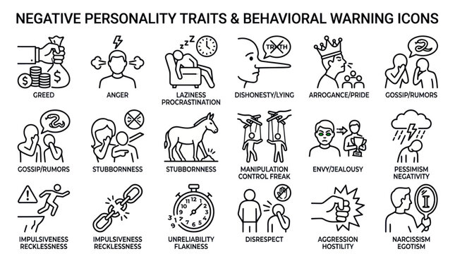 Negative personality traits and behavior line icons.