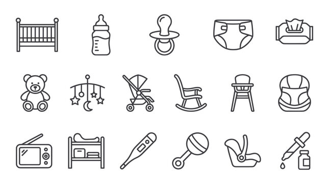 Newborn baby care and nursery essentials line icons.