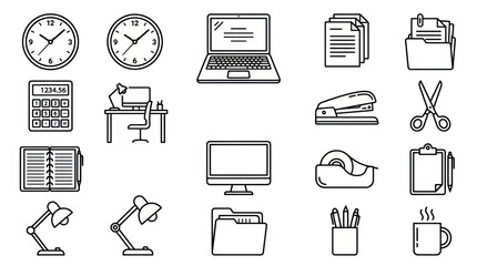 Fototapeta premium Office supplies and desk equipment thin line icons.