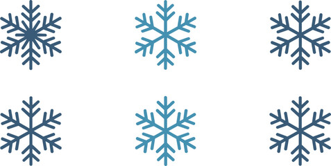 Collection of six elegant blue snowflake icons arranged neatly on a clean white background for festive winter designs. © Vector Expert