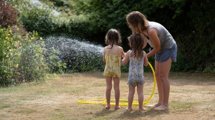 Fototapeta premium Mother and Two Young Daughters Playing with Garden Hose in Backyard