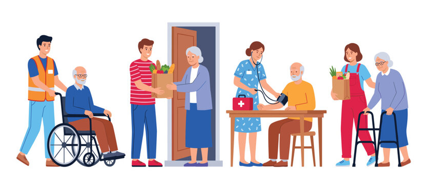 Elderly care volunteers vector isolated. Social workers helping seniors, medical checkup, grocery delivery, clear background graphic elements.