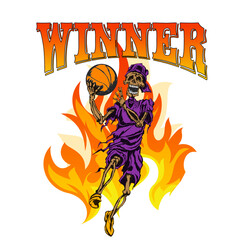 Vintage Y2K streetwear graphic of a basketball player skeleton in a purple jersey jumping out of flames with bold orange WINNER typography. Isolated on white background for t-shirt design. © Ahmadmunir