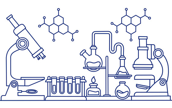 Line sketch illustration of science laboratory equipment and chemical research apparatus used in laboratory activities