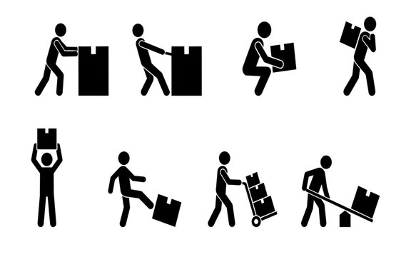 Manual Handling and Lifting Techniques Stick Figure Icons Set &ndash; Safe Lifting, Pushing, Pulling, Carrying, Hand Truck and Workplace Ergonomics Vector Illustration