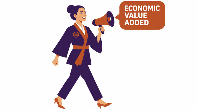 Businesswoman announcing economic value added with megaphone.