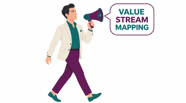 Businessman holding megaphone with value stream mapping text.