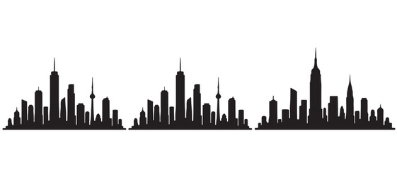 Obraz premium Three varied black silhouettes of city skylines with iconic skyscrapers and urban structures.