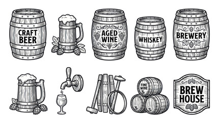 Beer and Wine Barrels, Brewery Equipment, Craft Drinks Collection © siti