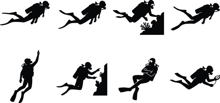 Scuba Diver Silhouette Collection with Underwater Exploration and Diving Activities