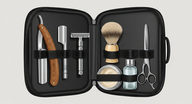 Men's travel shaving kit in a black zipper case.