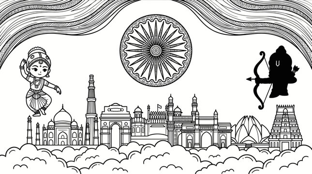 India Landmarks Skyline with Traditional Dancer and Archer - Black and White Line Art