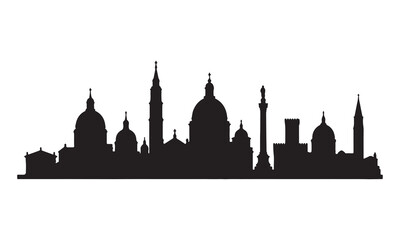 Fototapeta premium Black silhouette of a historic city skyline with domes and towers on a white background.