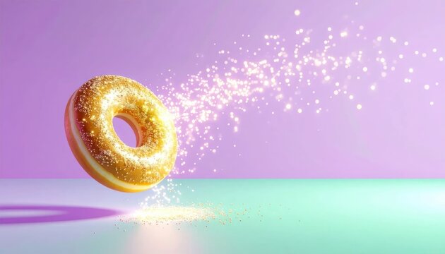 Glazed donut floating with sparkling magic dust on pink background.