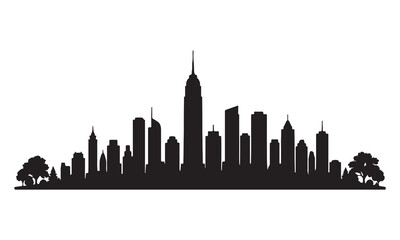 Obraz premium Detailed city skyline silhouette with trees on a clean white background for urban design.