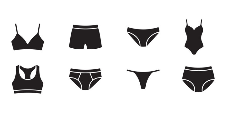 Women's Swimwear Silhouette Icons Set with Bikini Swimsuit Beachwear and Summer Fashion Vector Collection