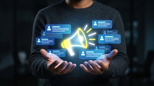 Digital marketing concept with glowing megaphone and social media interaction bubbles megaphone marketing promotion communication announcement advertising business technology interaction