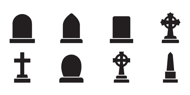 Tombstone and Cemetery Silhouette Icons Set with Gravestones Memorial Crosses Funeral and Burial Vector Collection