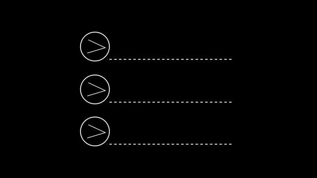 Minimalist checklist animation with animated bullet points and dotted lines on black background, motion minimalist