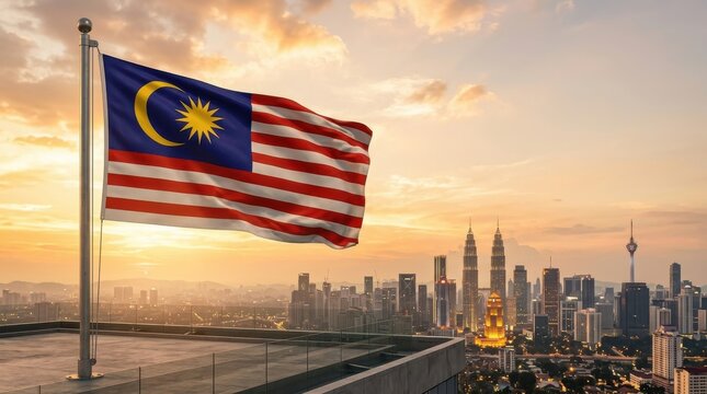 Waving Malaysia flag over Kuala Lumpur skyline at sunset, Independence Day celebration, patriotic symbol for national identity and urban development