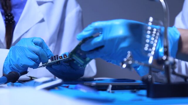 Technician assembling and testing an electronic circuit board in a high tech laboratory, representing semiconductor engineering, electronics manufacturing, precision technology and hardware developmen