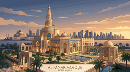 Naklejka premium Al Fanan Mosque with Intricate Architectural Details and Modern City Skyline
