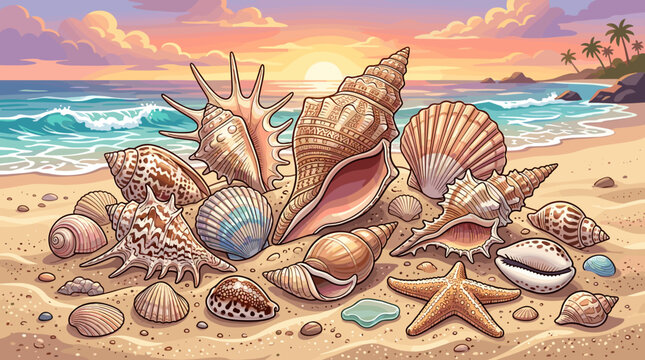 Beach Scene with Conch Shells and Sea Creatures on Sandy Shore