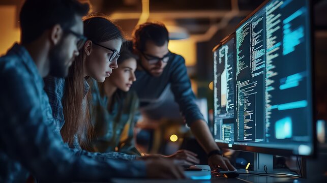 Team of software developers working together on a complex coding project in a modern office
