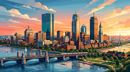 Fototapeta premium City Skyline at Sunset Featuring Modern Skyscrapers and Bridges