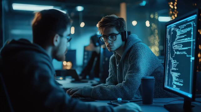 Two young software developers collaborating on a coding project in a modern, dimly lit office space