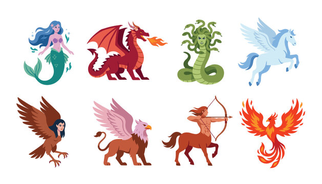 Mythical creatures vector characters. Red dragon, pegasus, mermaid, medusa, phoenix, griffin, centaur, harpy mythological monsters set.