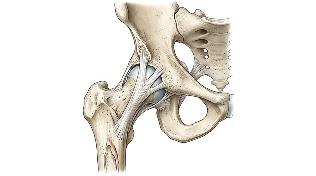Detailed anatomical illustration of the human pelvis joint and surrounding bone structures highlighting ligaments and skeletal