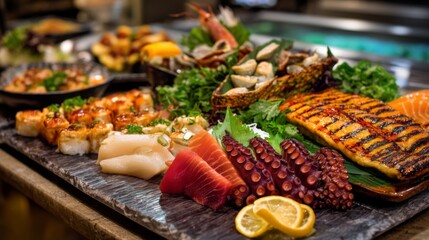 Obraz premium Exquisite Assortment of Fresh Sushi and Grilled Seafood Served on a Rustic Platter with Garnishes, Perfect for Culinary Presentation and Dining Experience