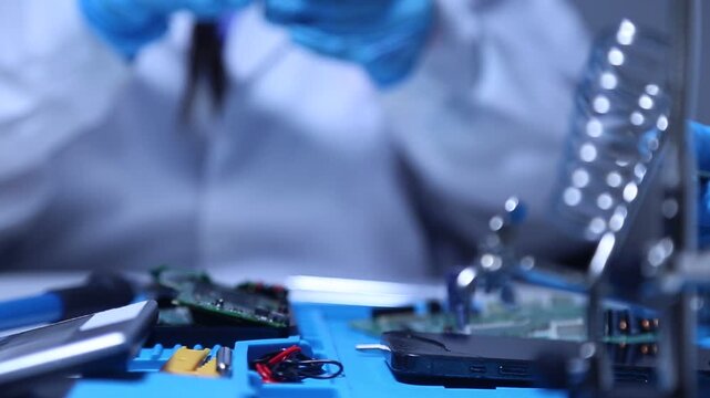 Technician assembling and testing an electronic circuit board in a high tech laboratory, representing semiconductor engineering, electronics manufacturing, precision technology and hardware developmen