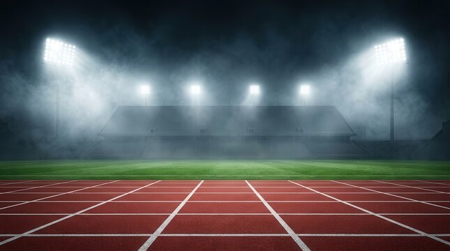An empty sports arena featuring a professional running track and stadium seating under lights.
